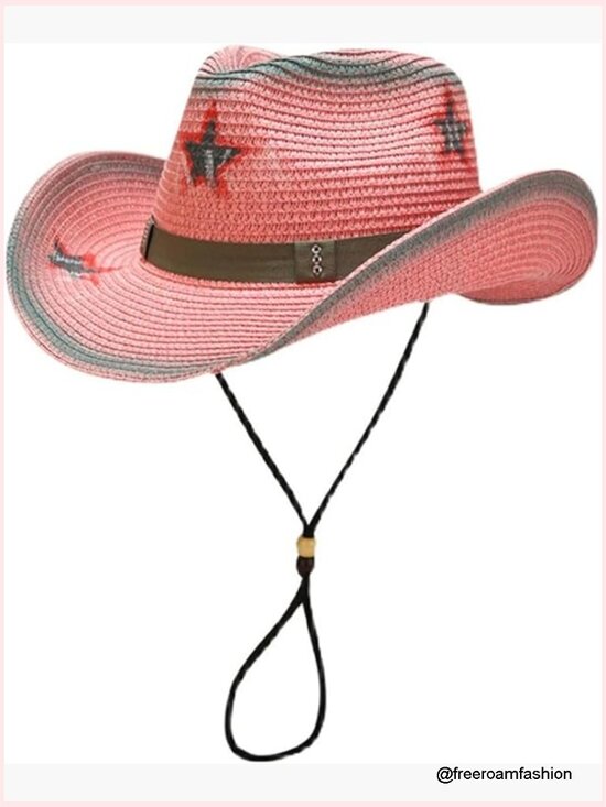 Pink Straw Cowboy Hat with Star Print, Shapeable Brim, Adjustable Chin Cord main image 4